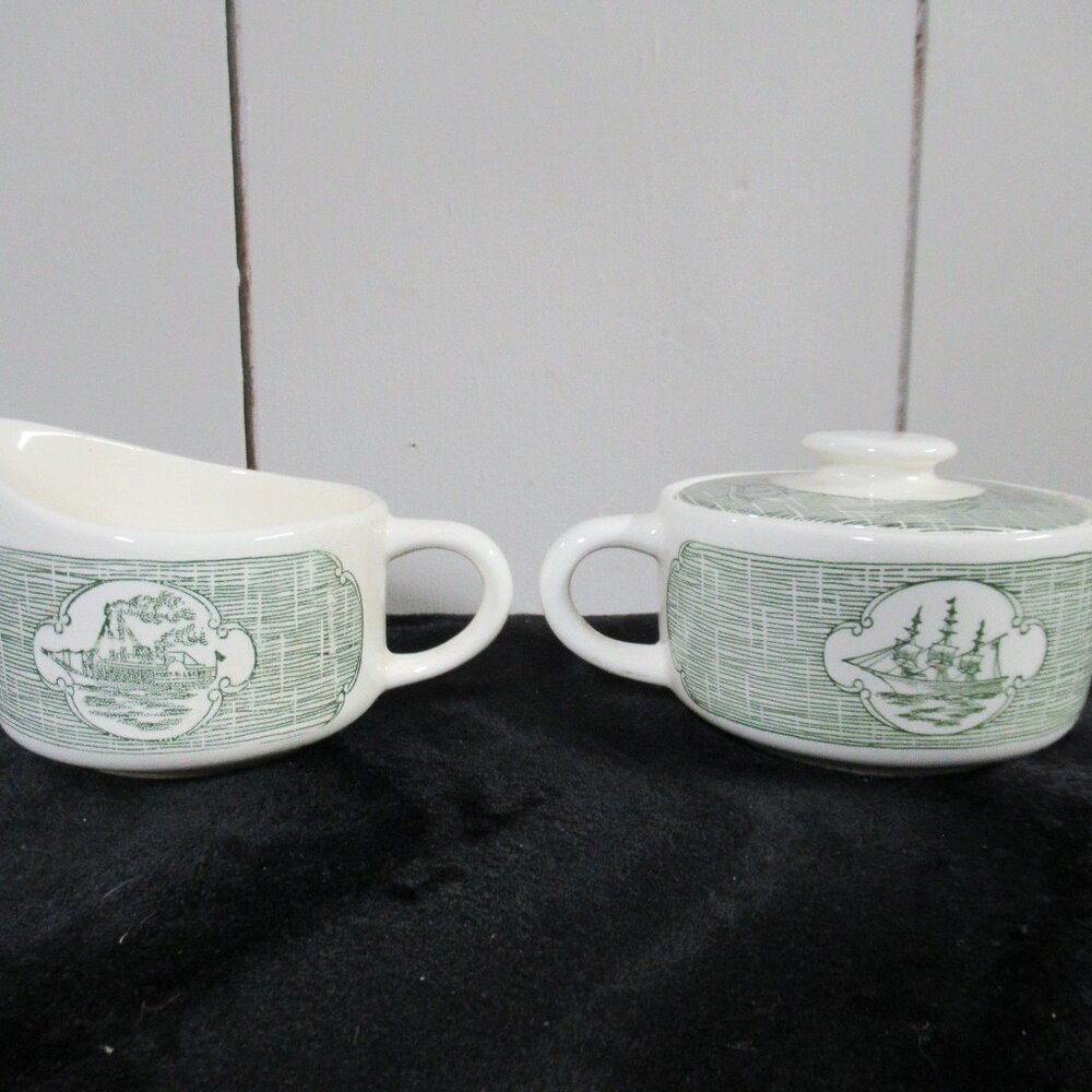 Currier & Ives Sugar and Creamer Set, Steamboat, Ship *FLAWED*